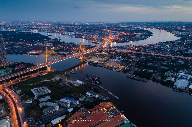 Twilight at the Bhumibol Bridge and Chao Phraya River